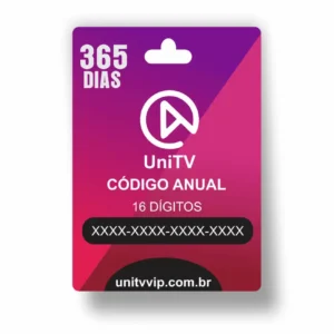Cartão de recarga UniTV com código anual de 16 dígitos para 365 dias de acesso, nas cores roxo e rosa, com o texto 'UNITV CÓDIGO ANUAL' e o site 'unitvvip.com.br' visíveis.