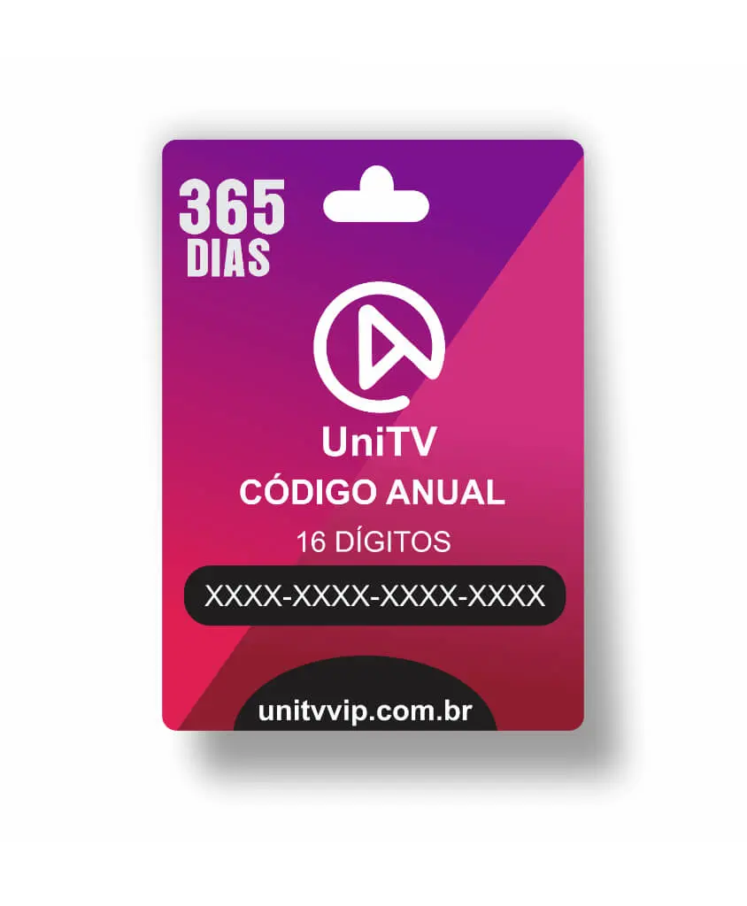 Cartão de recarga UniTV com código anual de 16 dígitos para 365 dias de acesso, nas cores roxo e rosa, com o texto 'UNITV CÓDIGO ANUAL' e o site 'unitvvip.com.br' visíveis.