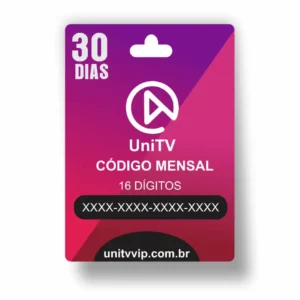 Cartão de recarga UniTV com código mensal de 16 dígitos para 30 dias de acesso, nas cores roxo e rosa, com o texto 'UNITV CÓDIGO MENSAL' e o site 'unitvvip.com.br' visíveis.