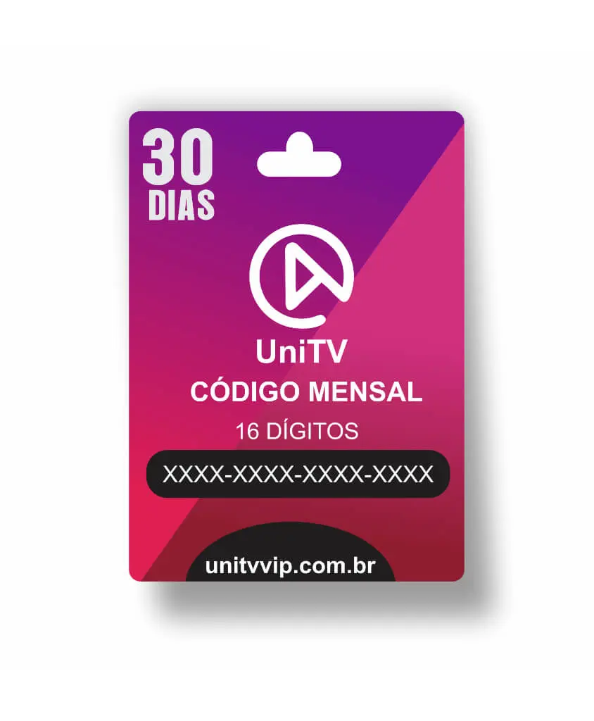 Cartão de recarga UniTV com código mensal de 16 dígitos para 30 dias de acesso, nas cores roxo e rosa, com o texto 'UNITV CÓDIGO MENSAL' e o site 'unitvvip.com.br' visíveis.