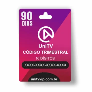 Cartão de recarga UniTV com código trimestral de 16 dígitos trimestral 90 dias, 3 meses de acesso, nas cores roxo e rosa, com o texto 'UNITV CÓDIGO TRIMESTRAL' e o site 'unitv.com.br' visíveis.