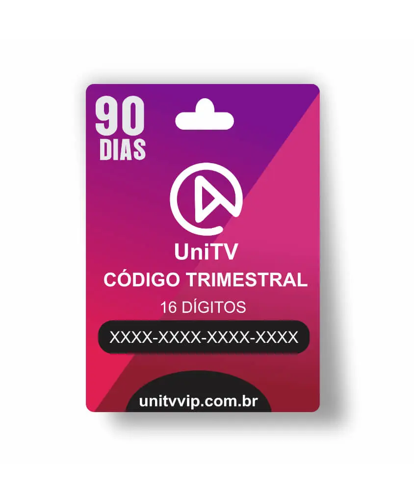 Cartão de recarga UniTV com código trimestral de 16 dígitos trimestral 90 dias, 3 meses de acesso, nas cores roxo e rosa, com o texto 'UNITV CÓDIGO TRIMESTRAL' e o site 'unitv.com.br' visíveis.